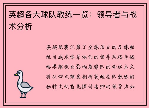 英超各大球队教练一览：领导者与战术分析