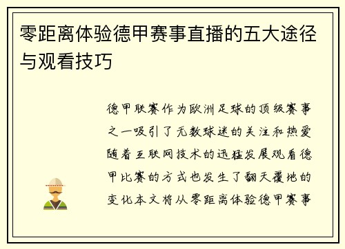 零距离体验德甲赛事直播的五大途径与观看技巧