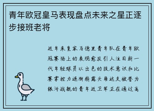 青年欧冠皇马表现盘点未来之星正逐步接班老将