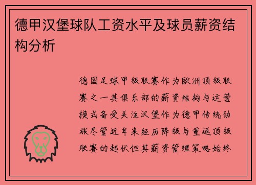 德甲汉堡球队工资水平及球员薪资结构分析